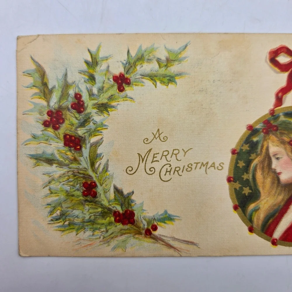 Vintage Rotograph Co Christmas Postcard Lady Ornament Holly 1906 San Francisco